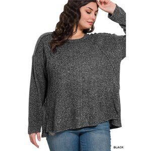 Zenana Full Size Brushed Hacci Exposed Seam Hi Low Sweater Plus Size